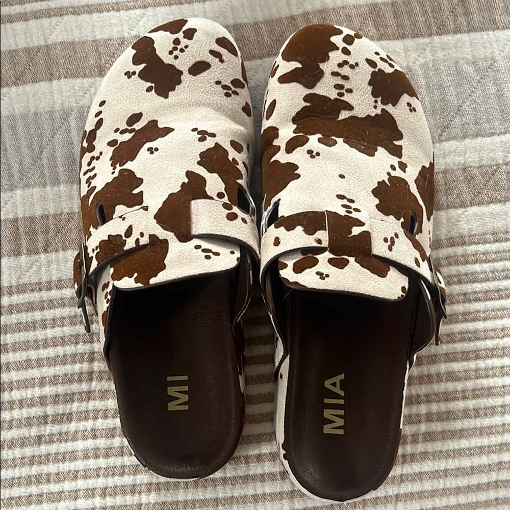 MIA Brown and White Cow Print Leather Clogs
